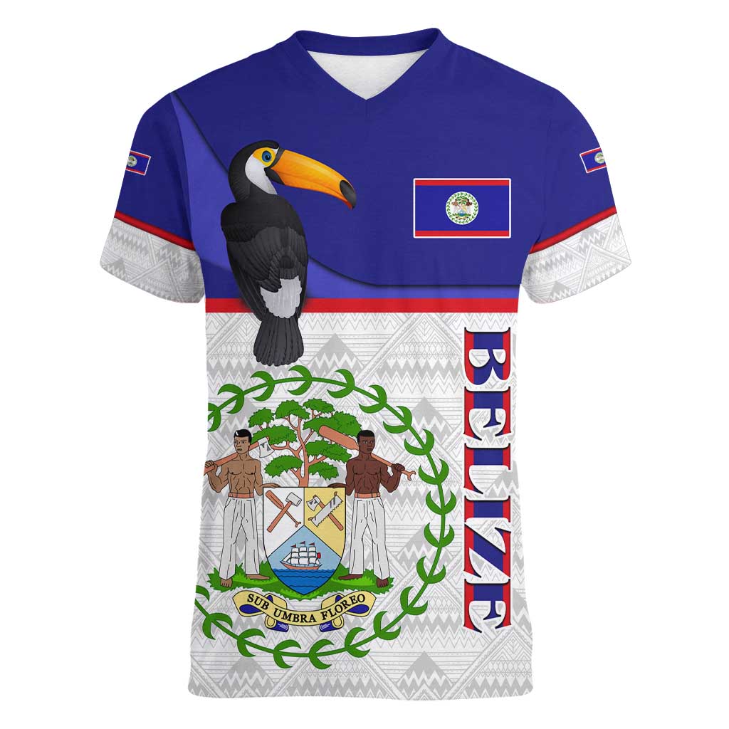 Belize National Emblem Women V-Neck T-Shirt with Toucan Print and Flag-Inspired Blue Design
