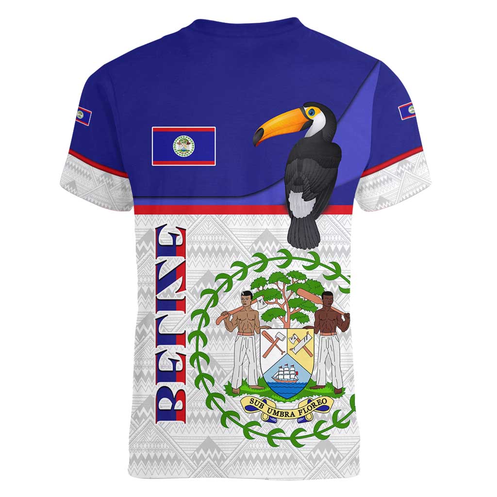 Belize National Emblem Women V-Neck T-Shirt with Toucan Print and Flag-Inspired Blue Design