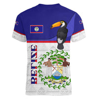 Belize National Emblem Women V-Neck T-Shirt with Toucan Print and Flag-Inspired Blue Design