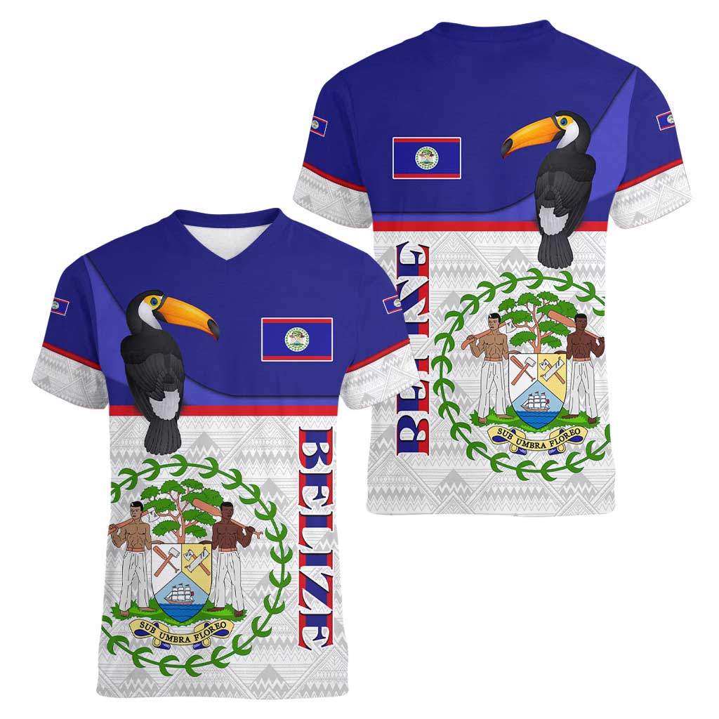Belize National Emblem Women V-Neck T-Shirt with Toucan Print and Flag-Inspired Blue Design