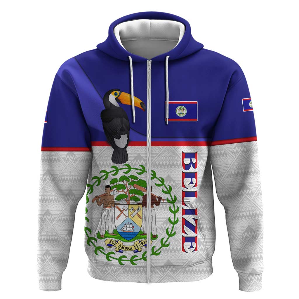Belize National Emblem Zip Hoodie with Toucan Print and Flag-Inspired Blue Design