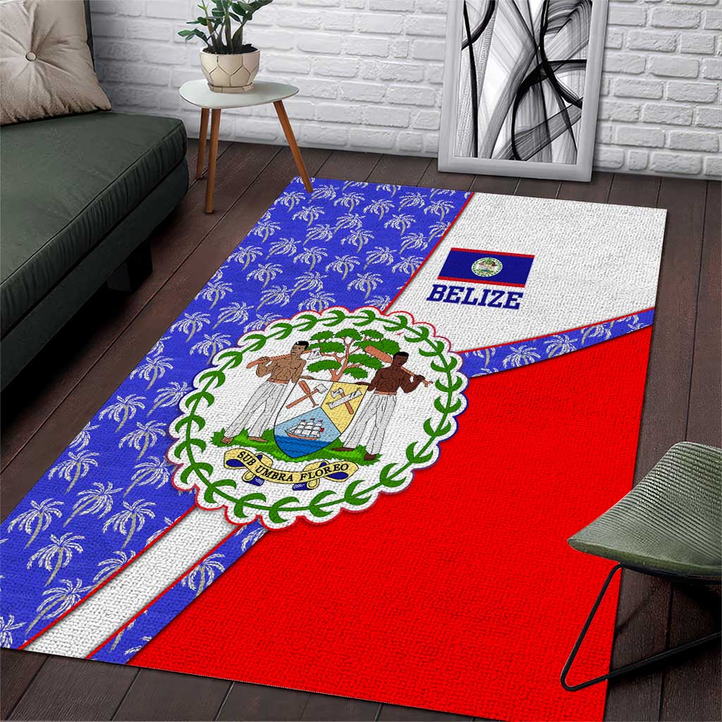 Belize Coat of Arms Area Rug with Palm Pattern and Split Red Blue Design