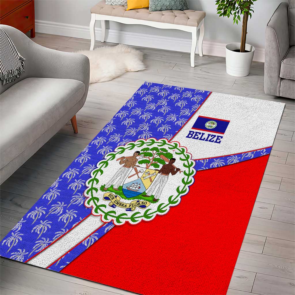 Belize Coat of Arms Area Rug with Palm Pattern and Split Red Blue Design