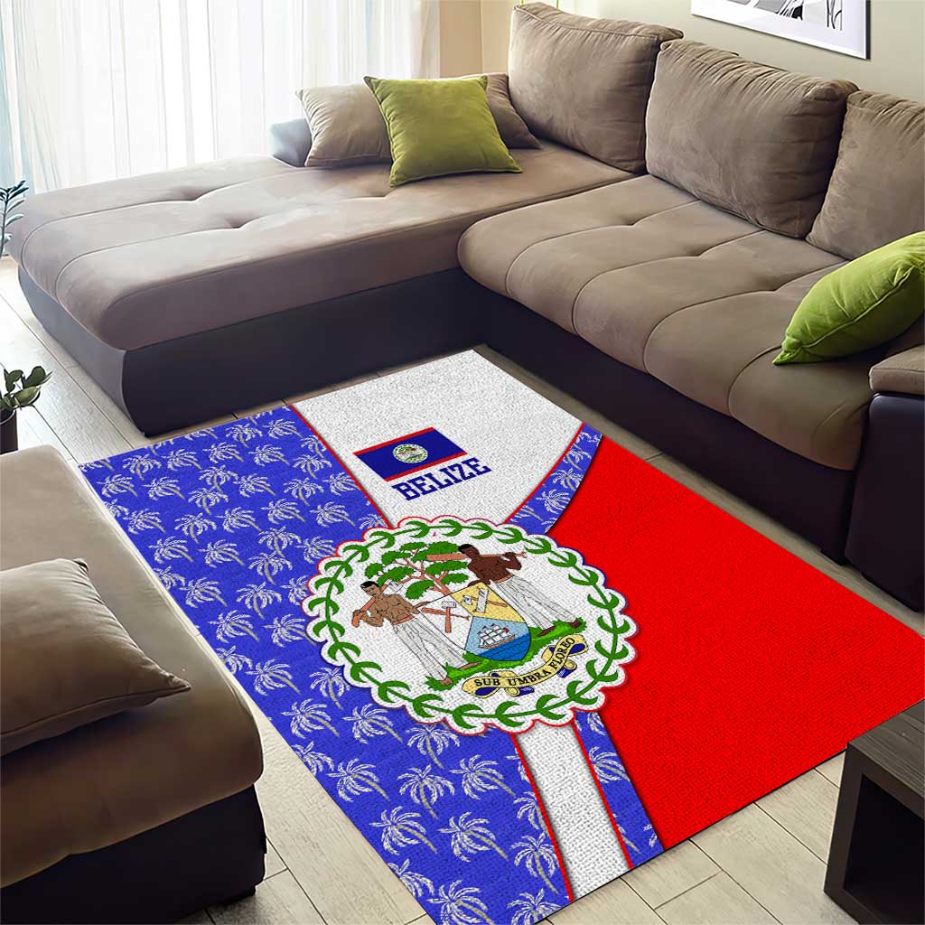 Belize Coat of Arms Area Rug with Palm Pattern and Split Red Blue Design