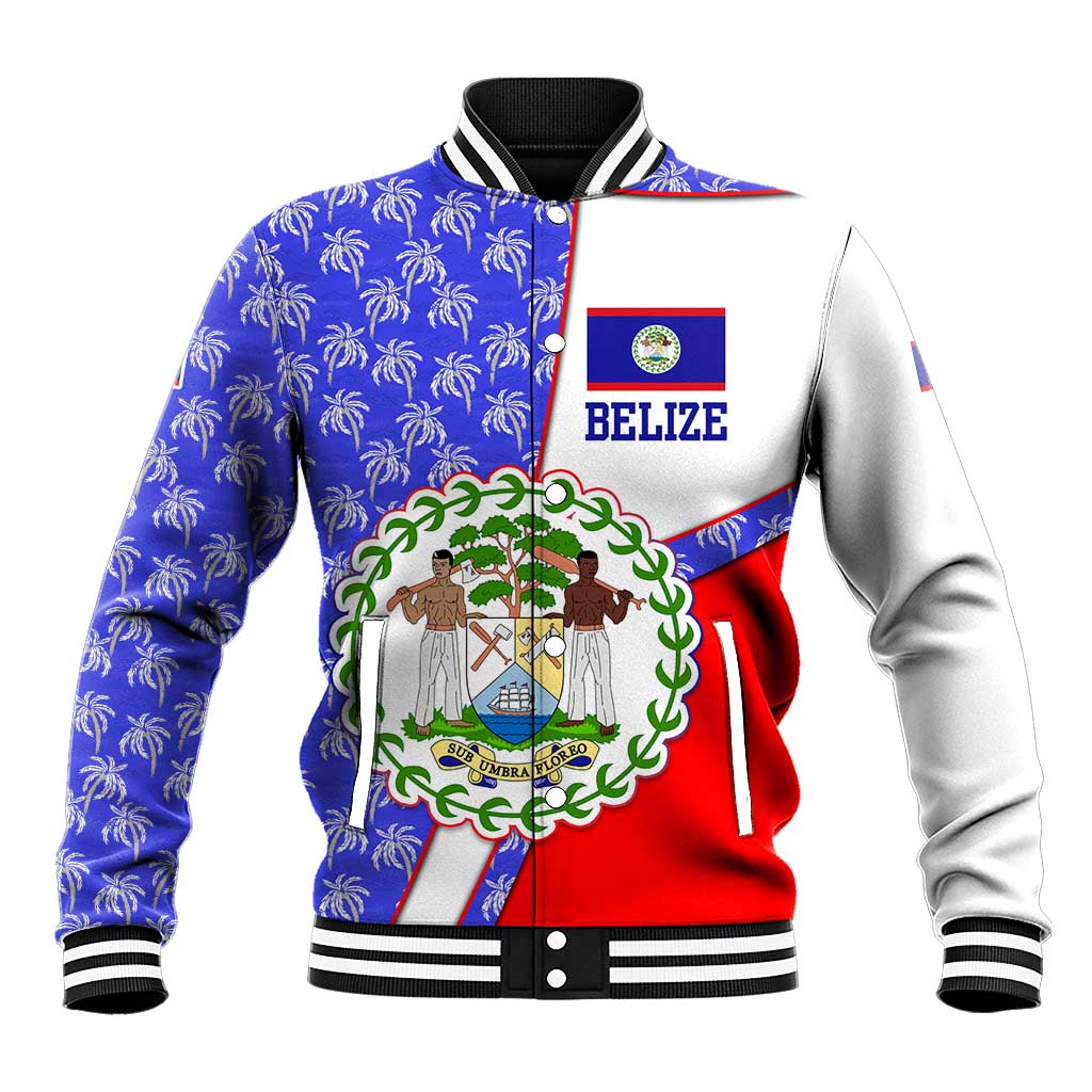 Belize Coat of Arms Baseball Jacket with Palm Pattern and Split Red Blue Design