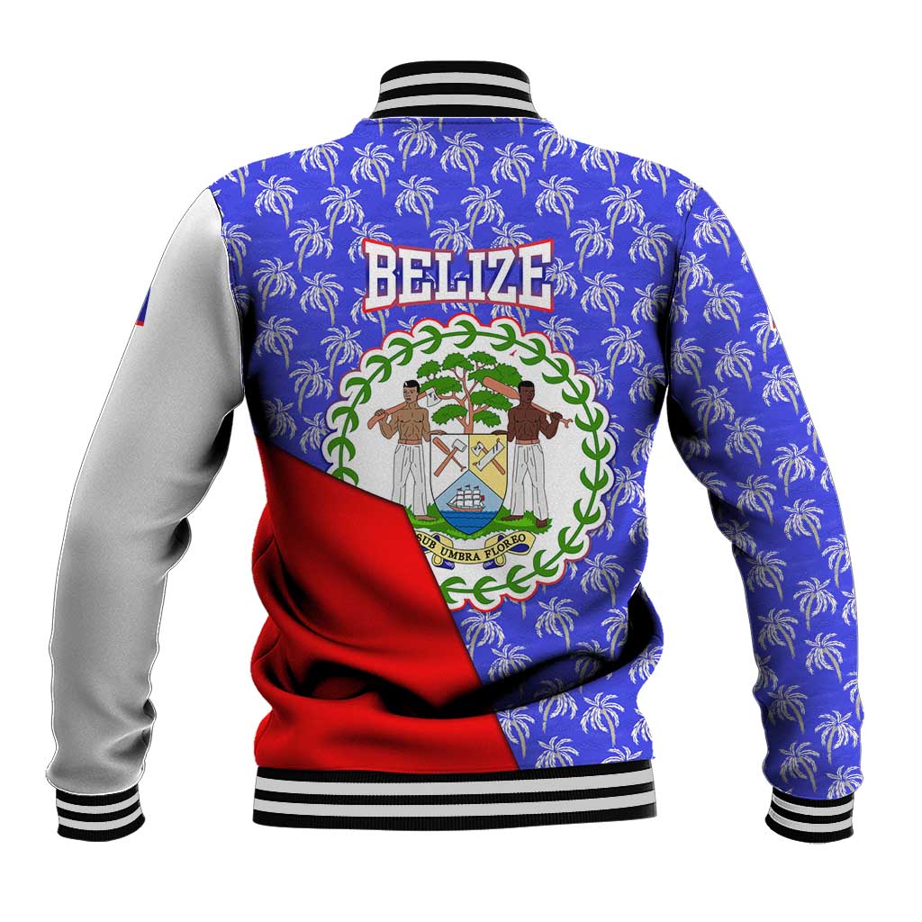 Belize Coat of Arms Baseball Jacket with Palm Pattern and Split Red Blue Design