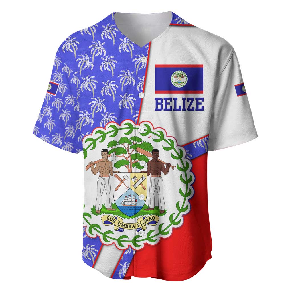 Belize Coat of Arms Baseball Jersey with Palm Pattern and Split Red Blue Design