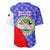 Belize Coat of Arms Baseball Jersey with Palm Pattern and Split Red Blue Design