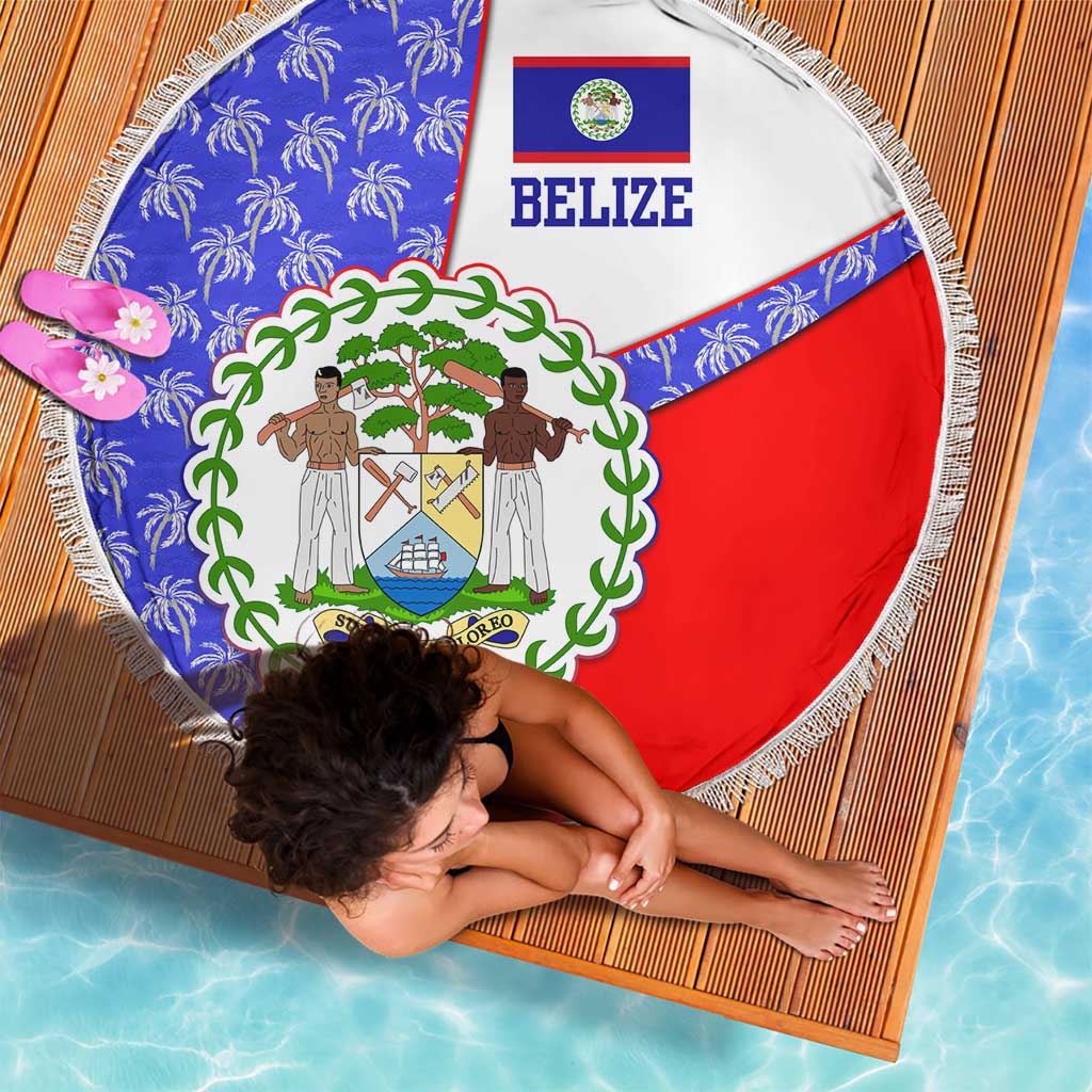 Belize Coat of Arms Beach Blanket with Palm Pattern and Split Red Blue Design