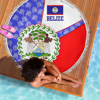 Belize Coat of Arms Beach Blanket with Palm Pattern and Split Red Blue Design