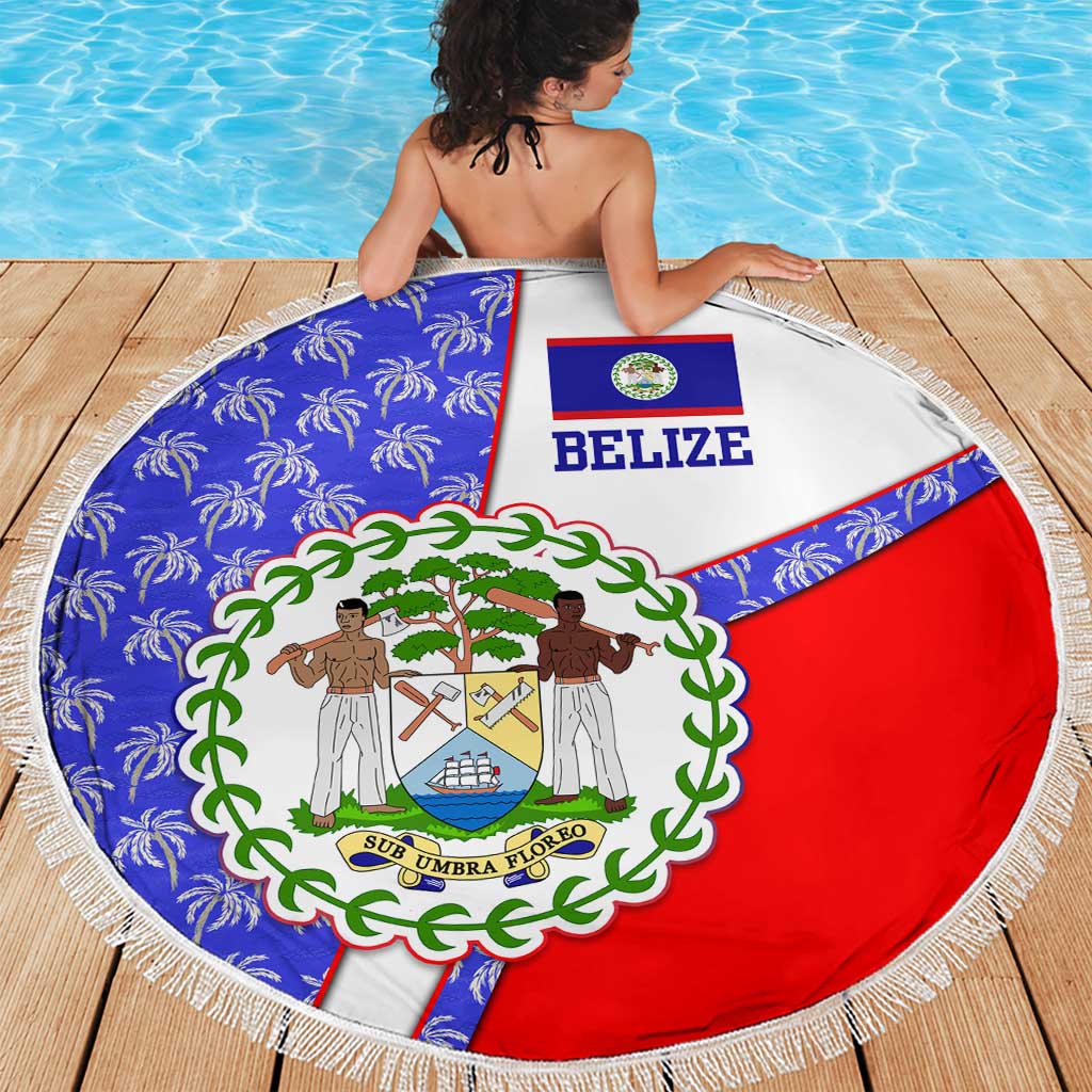 Belize Coat of Arms Beach Blanket with Palm Pattern and Split Red Blue Design