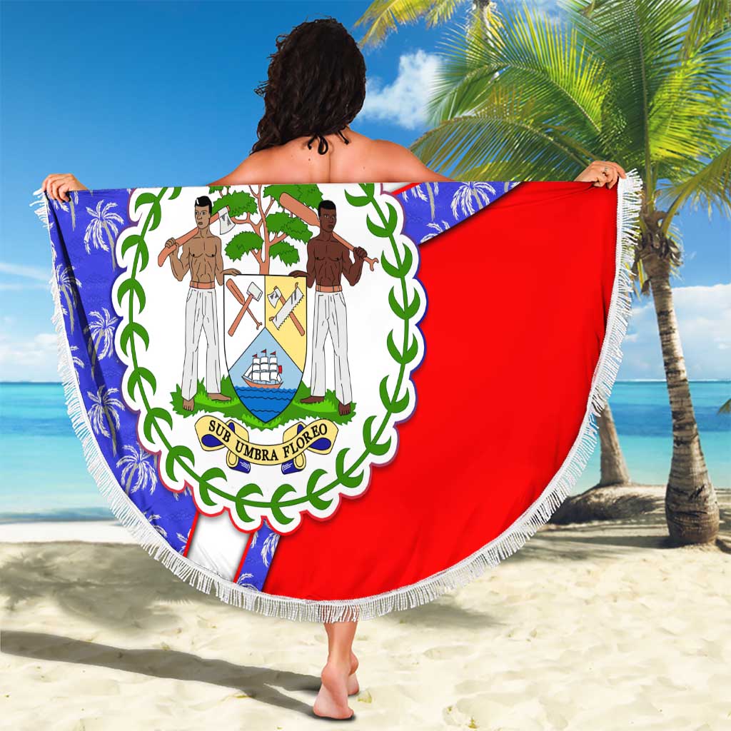 Belize Coat of Arms Beach Blanket with Palm Pattern and Split Red Blue Design