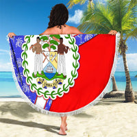 Belize Coat of Arms Beach Blanket with Palm Pattern and Split Red Blue Design
