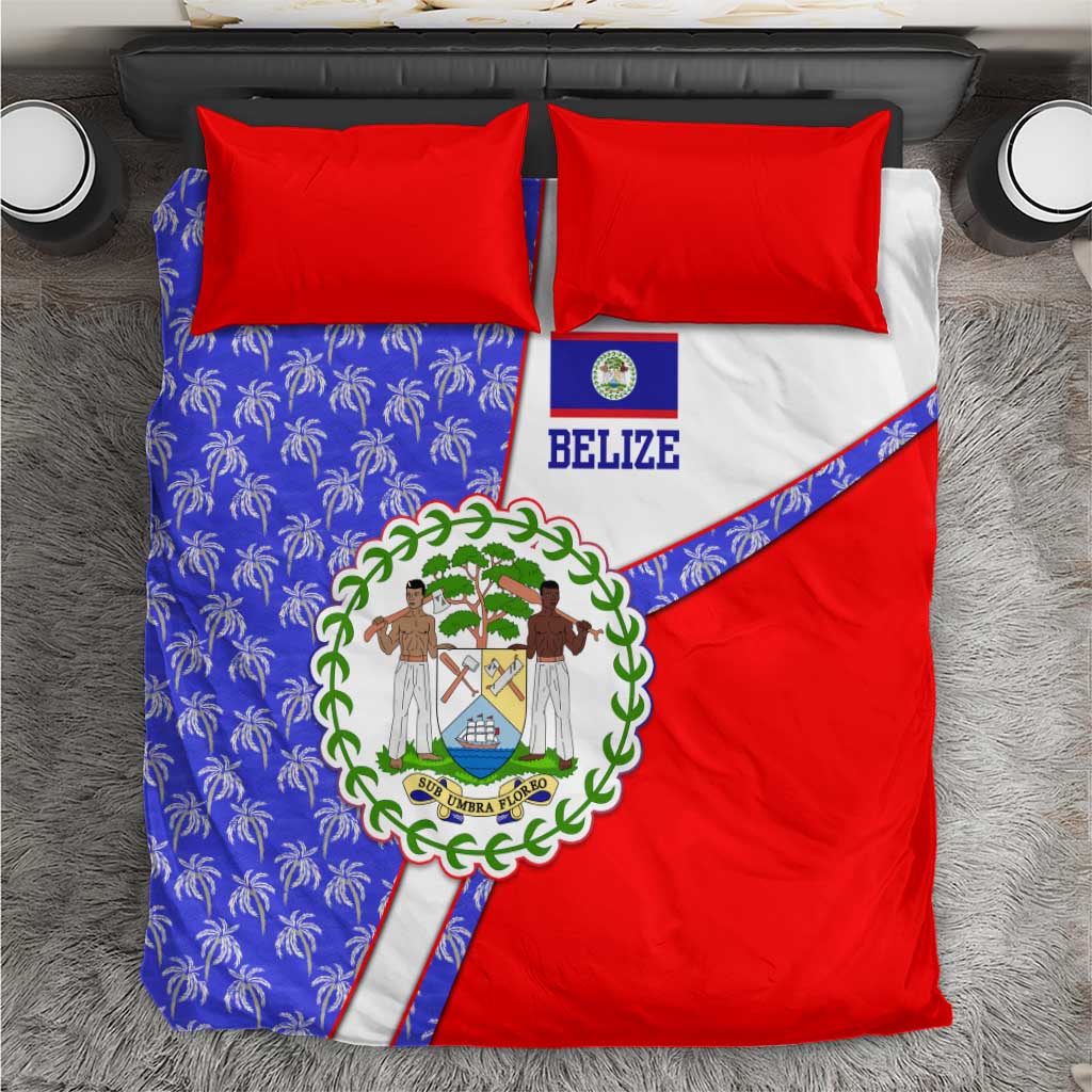 Belize Coat of Arms Bedding Set with Palm Pattern and Split Red Blue Design