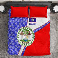 Belize Coat of Arms Bedding Set with Palm Pattern and Split Red Blue Design