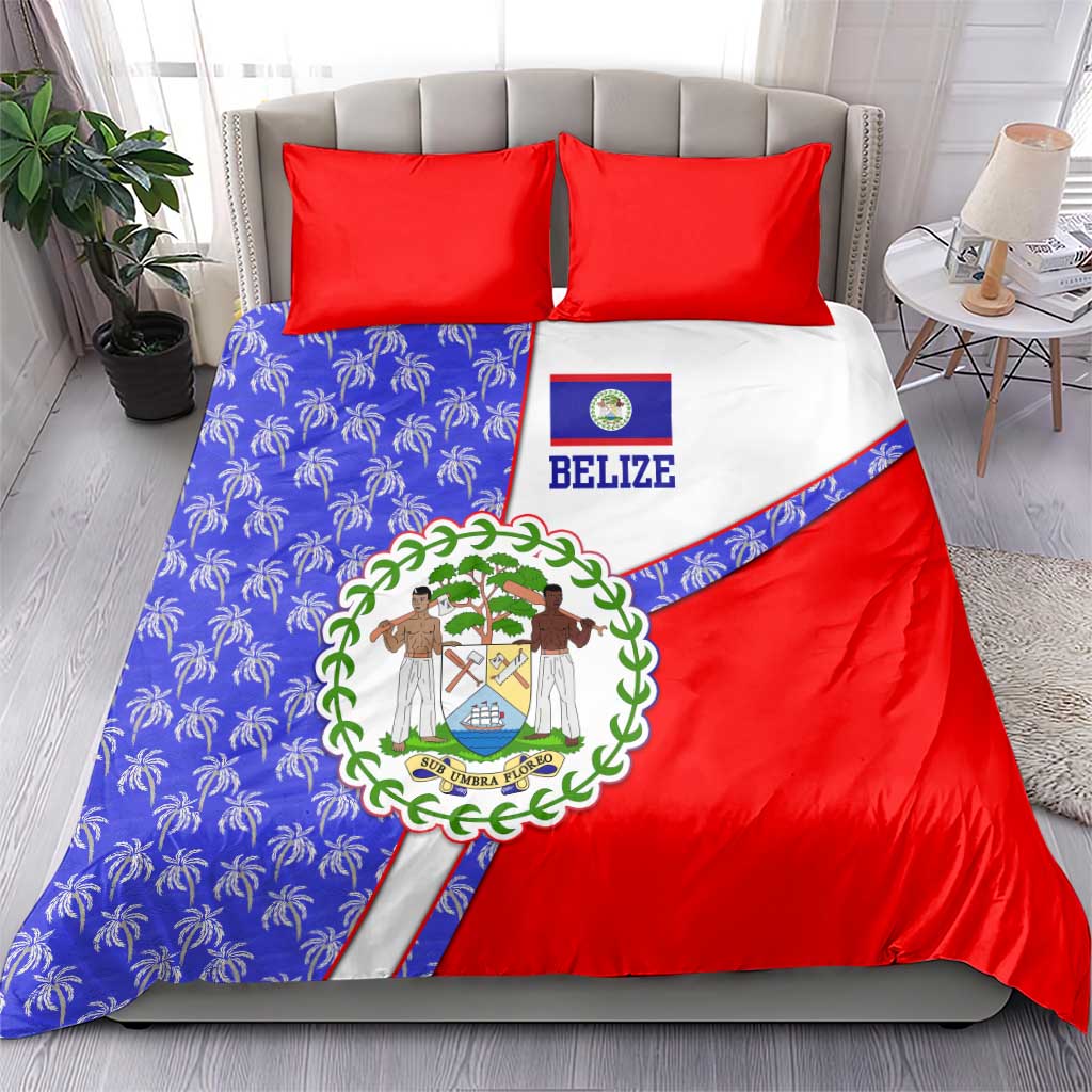 Belize Coat of Arms Bedding Set with Palm Pattern and Split Red Blue Design