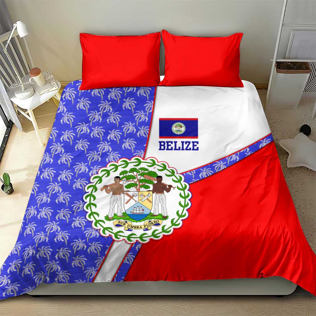 Belize Coat of Arms Bedding Set with Palm Pattern and Split Red Blue Design