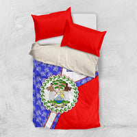 Belize Coat of Arms Bedding Set with Palm Pattern and Split Red Blue Design