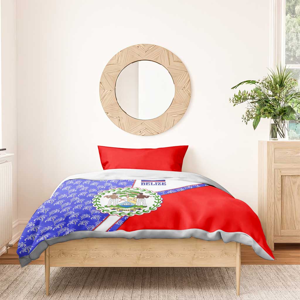 Belize Coat of Arms Bedding Set with Palm Pattern and Split Red Blue Design