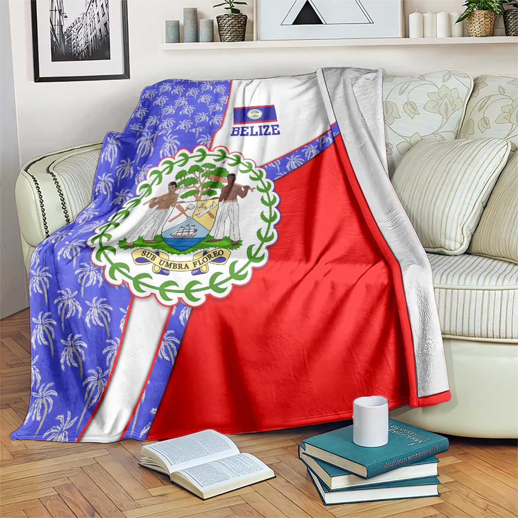 Belize Coat of Arms Blanket with Palm Pattern and Split Red Blue Design