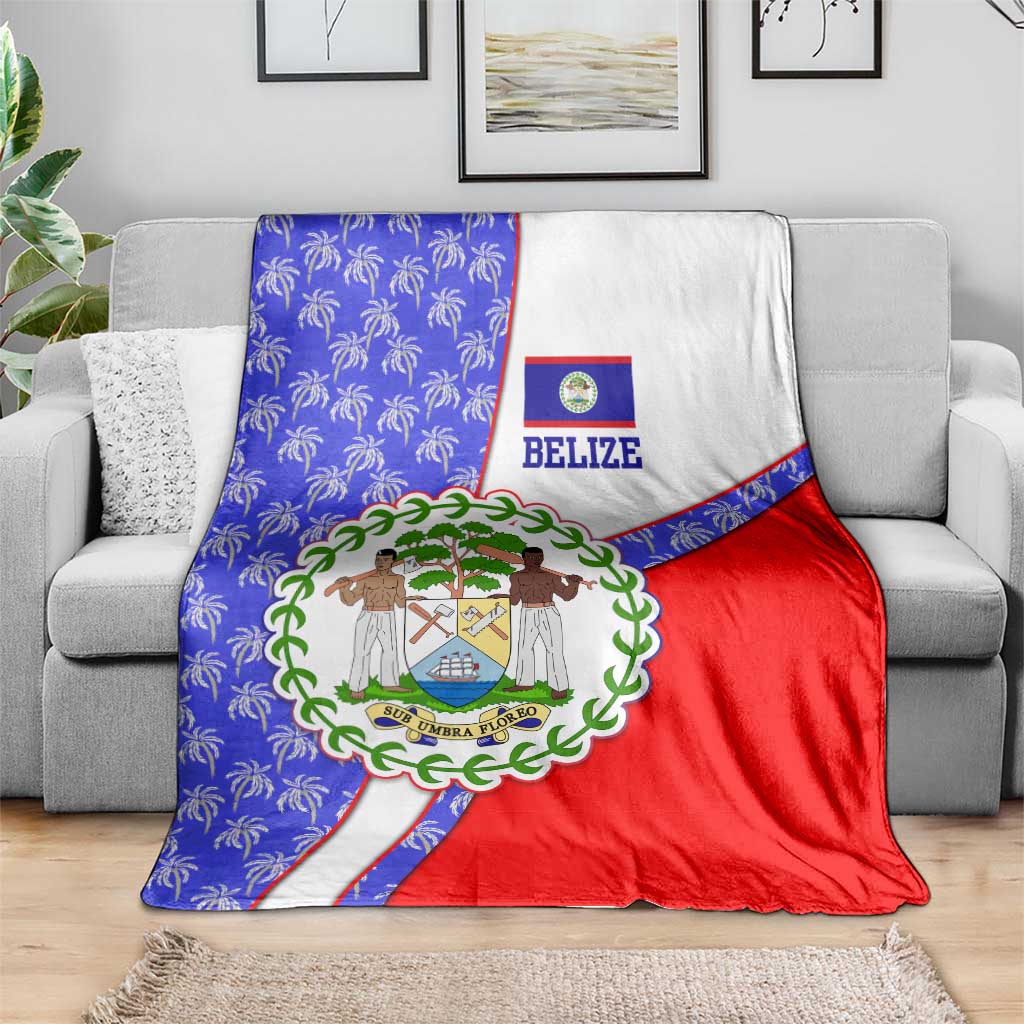 Belize Coat of Arms Blanket with Palm Pattern and Split Red Blue Design