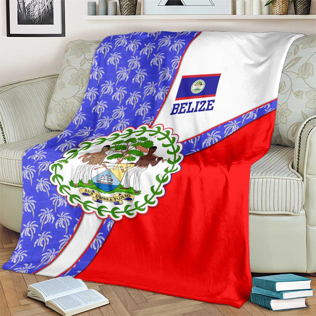 Belize Coat of Arms Blanket with Palm Pattern and Split Red Blue Design