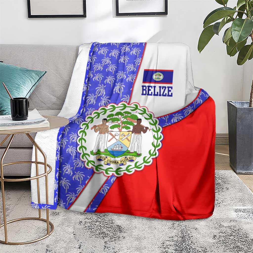 Belize Coat of Arms Blanket with Palm Pattern and Split Red Blue Design