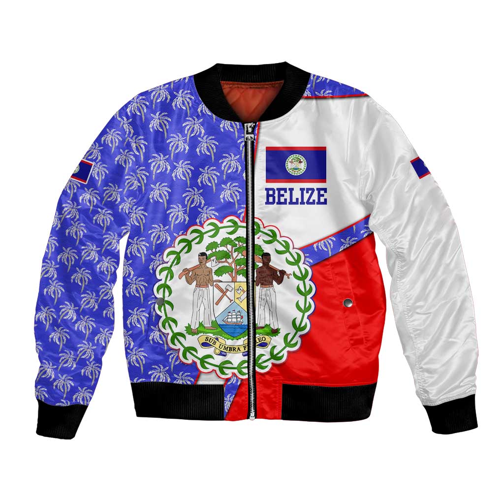 Belize Coat of Arms Bomber Jacket with Palm Pattern and Split Red Blue Design
