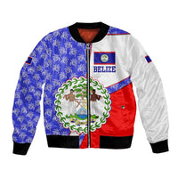 Belize Coat of Arms Bomber Jacket with Palm Pattern and Split Red Blue Design
