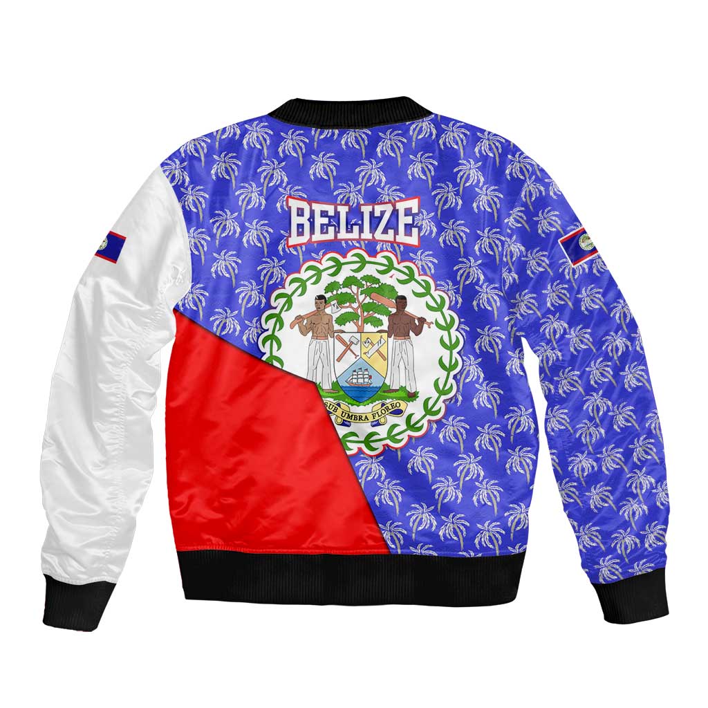 Belize Coat of Arms Bomber Jacket with Palm Pattern and Split Red Blue Design