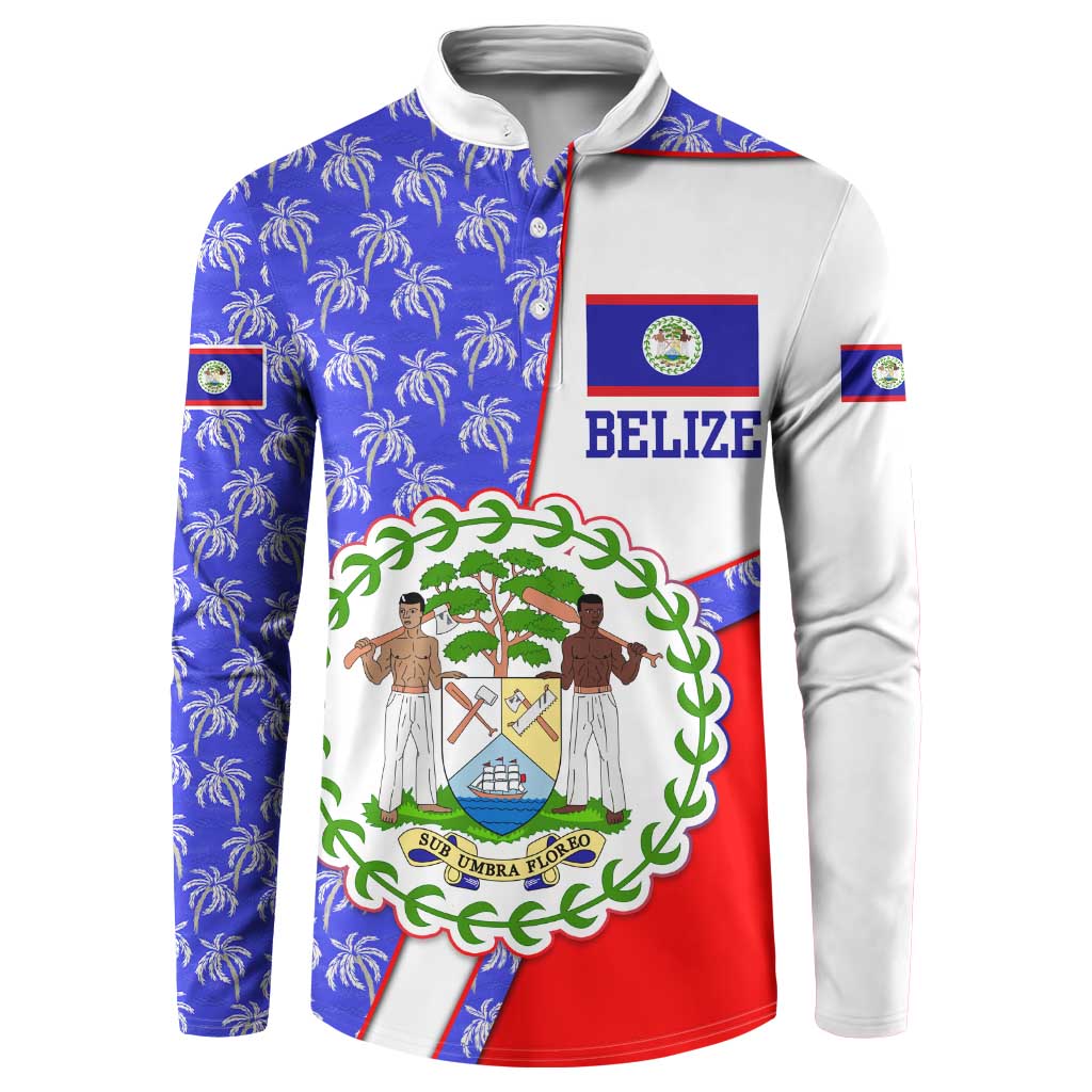 Belize Coat of Arms Button Sweatshirt with Palm Pattern and Split Red Blue Design