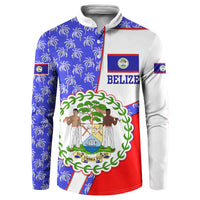 Belize Coat of Arms Button Sweatshirt with Palm Pattern and Split Red Blue Design