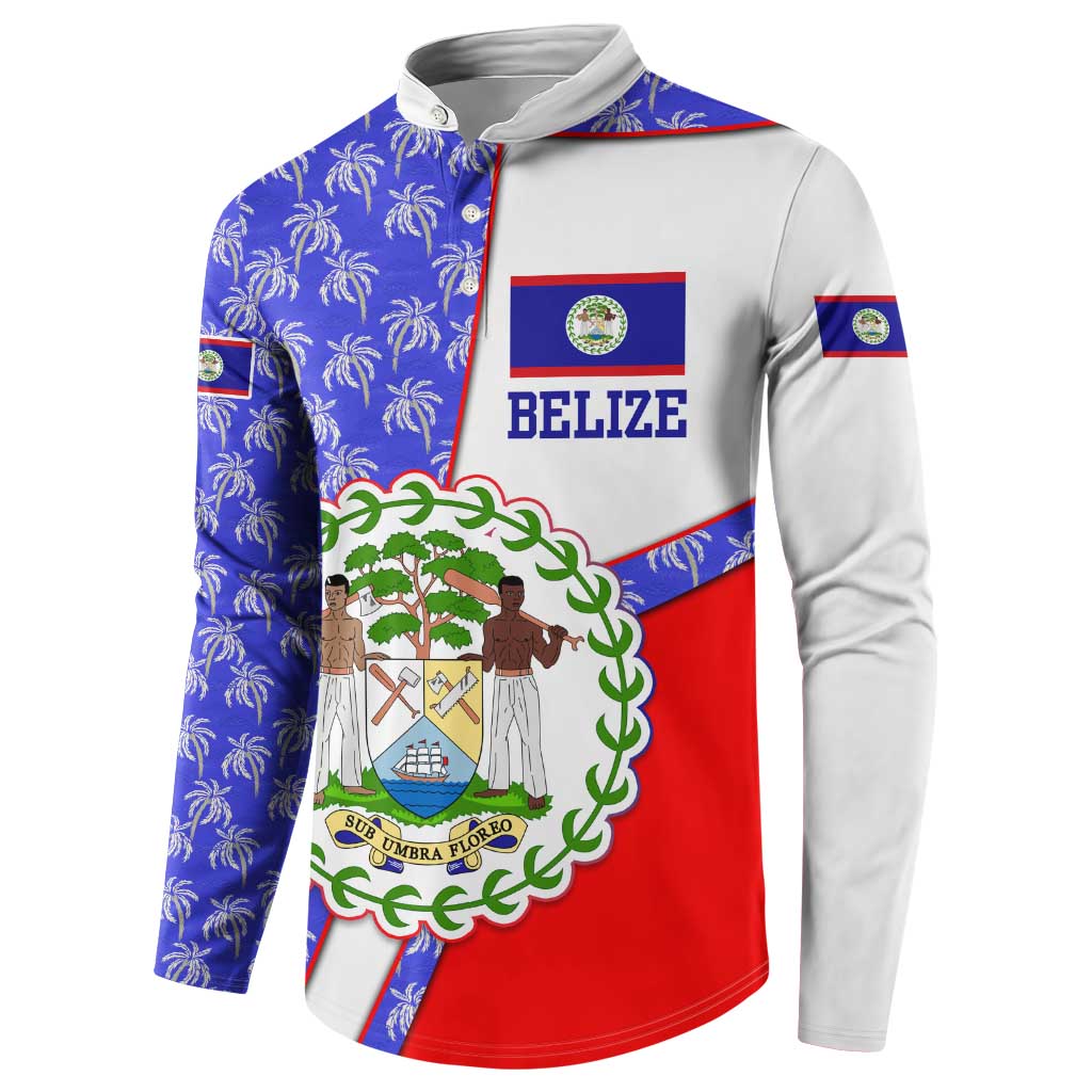 Belize Coat of Arms Button Sweatshirt with Palm Pattern and Split Red Blue Design