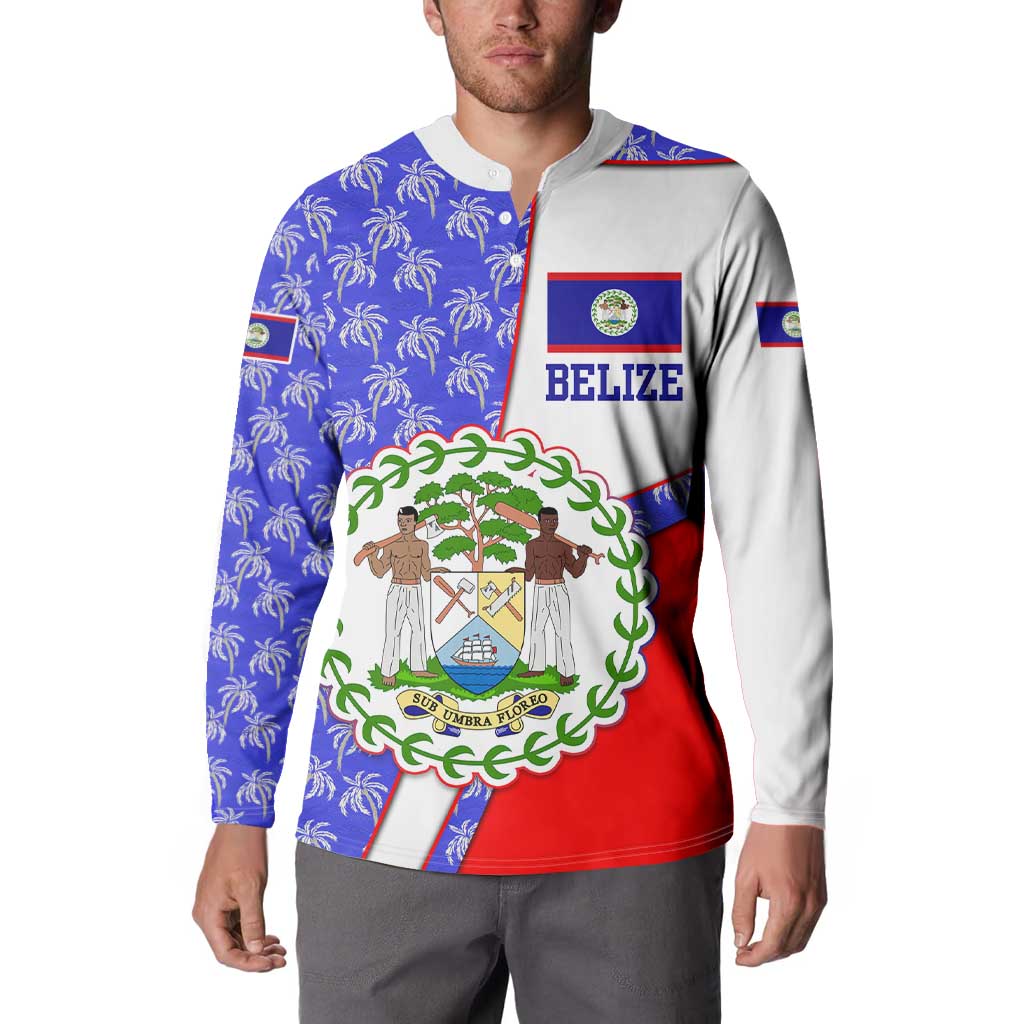 Belize Coat of Arms Button Sweatshirt with Palm Pattern and Split Red Blue Design