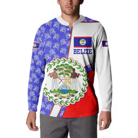 Belize Coat of Arms Button Sweatshirt with Palm Pattern and Split Red Blue Design