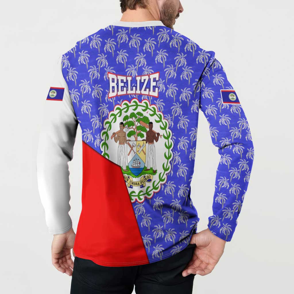 Belize Coat of Arms Button Sweatshirt with Palm Pattern and Split Red Blue Design
