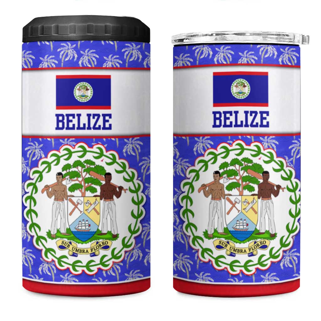 Belize Coat of Arms 4 in 1 Can Cooler Tumbler with Palm Pattern and Split Red Blue Design