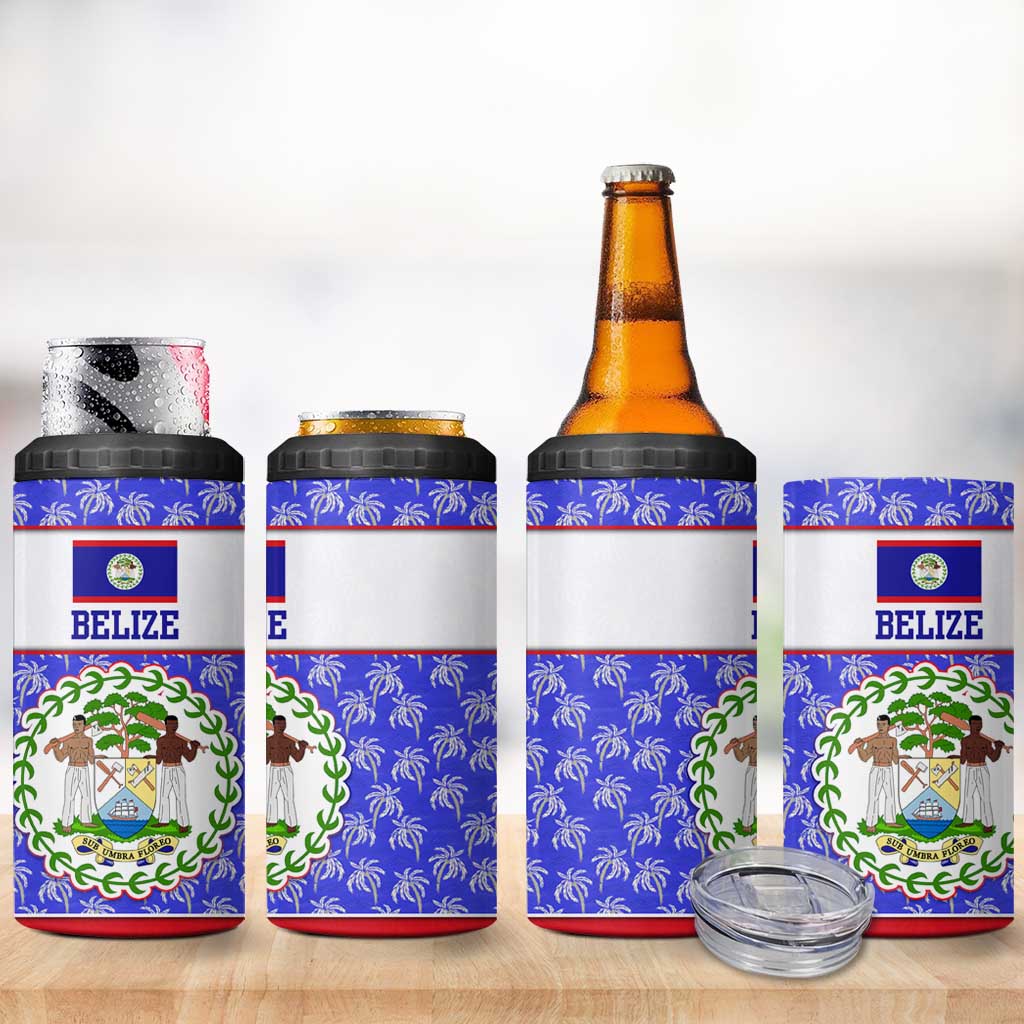 Belize Coat of Arms 4 in 1 Can Cooler Tumbler with Palm Pattern and Split Red Blue Design