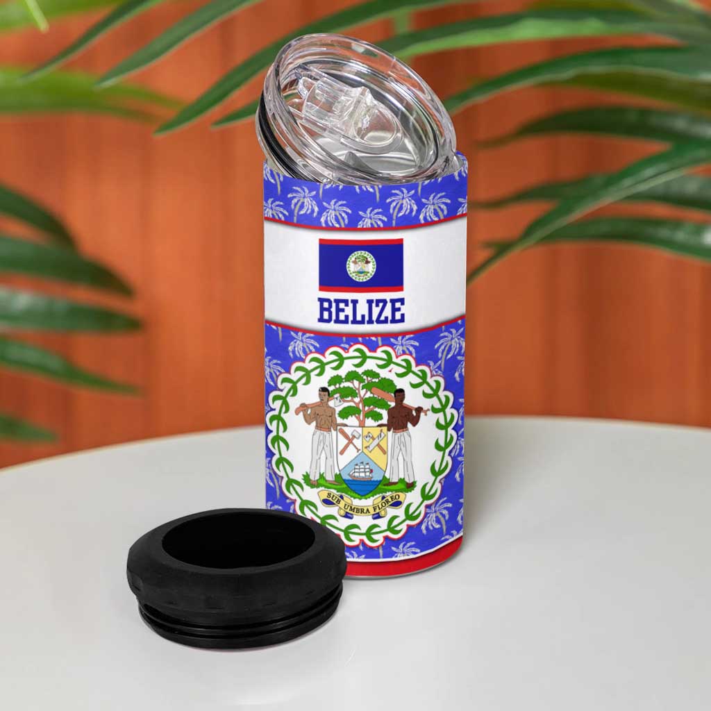 Belize Coat of Arms 4 in 1 Can Cooler Tumbler with Palm Pattern and Split Red Blue Design