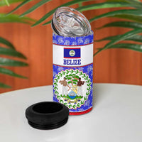 Belize Coat of Arms 4 in 1 Can Cooler Tumbler with Palm Pattern and Split Red Blue Design