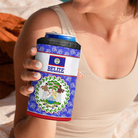 Belize Coat of Arms 4 in 1 Can Cooler Tumbler with Palm Pattern and Split Red Blue Design