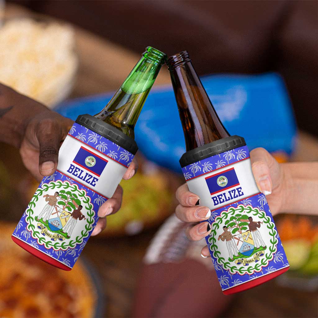 Belize Coat of Arms 4 in 1 Can Cooler Tumbler with Palm Pattern and Split Red Blue Design