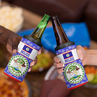 Belize Coat of Arms 4 in 1 Can Cooler Tumbler with Palm Pattern and Split Red Blue Design
