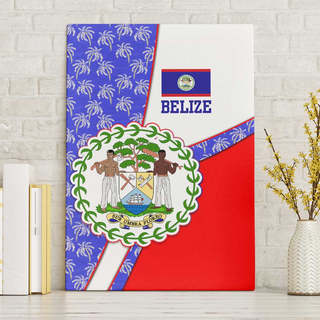 Belize Coat of Arms Canvas Wall Art with Palm Pattern and Split Red Blue Design