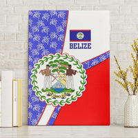 Belize Coat of Arms Canvas Wall Art with Palm Pattern and Split Red Blue Design