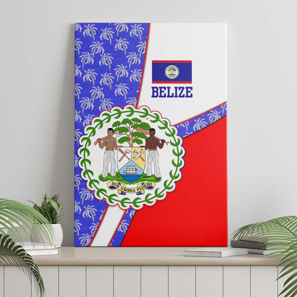 Belize Coat of Arms Canvas Wall Art with Palm Pattern and Split Red Blue Design