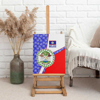 Belize Coat of Arms Canvas Wall Art with Palm Pattern and Split Red Blue Design