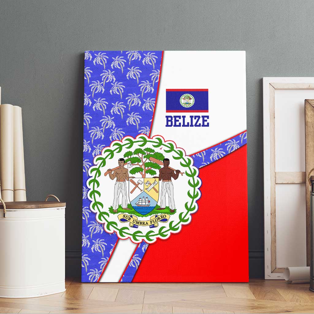 Belize Coat of Arms Canvas Wall Art with Palm Pattern and Split Red Blue Design