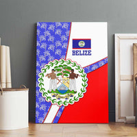 Belize Coat of Arms Canvas Wall Art with Palm Pattern and Split Red Blue Design