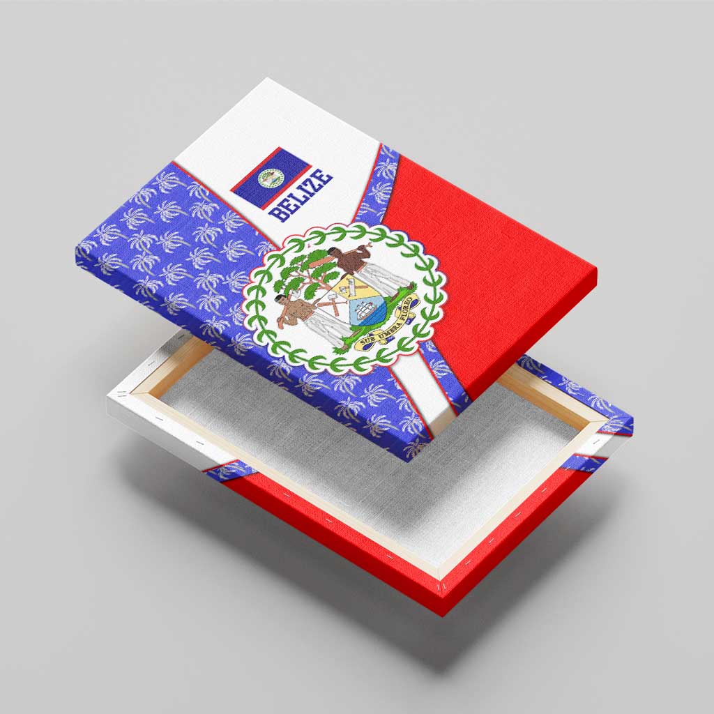 Belize Coat of Arms Canvas Wall Art with Palm Pattern and Split Red Blue Design